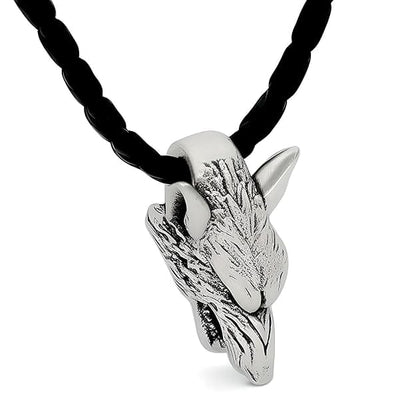 THE MEN THING Leather Necklace WOLF HEAD SILVER - Alloy Pendant with 24inch Leather Cord Chain for Men & Boy