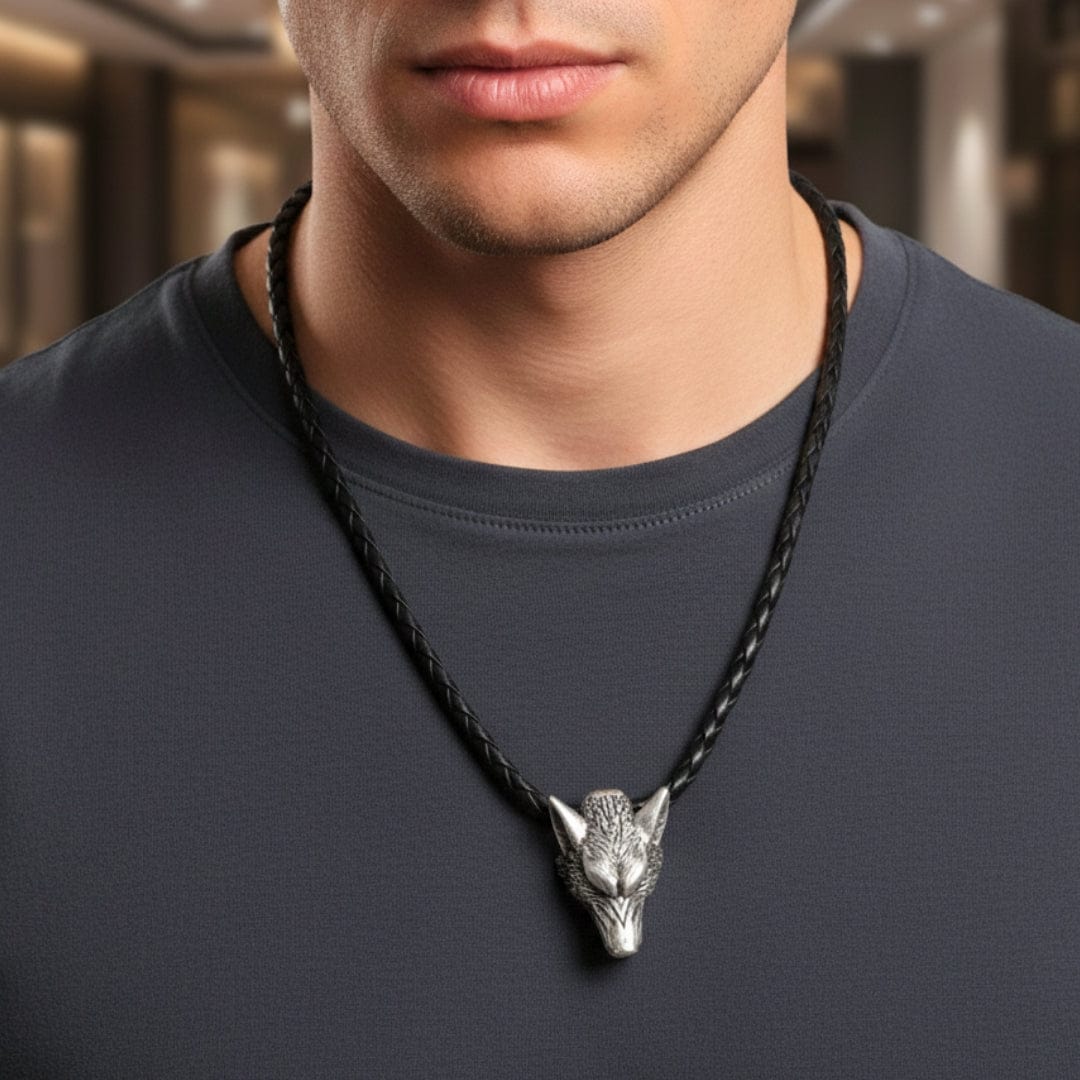 THE MEN THING Leather Necklace WOLF HEAD SILVER - Alloy Pendant with 24inch Leather Cord Chain for Men & Boy