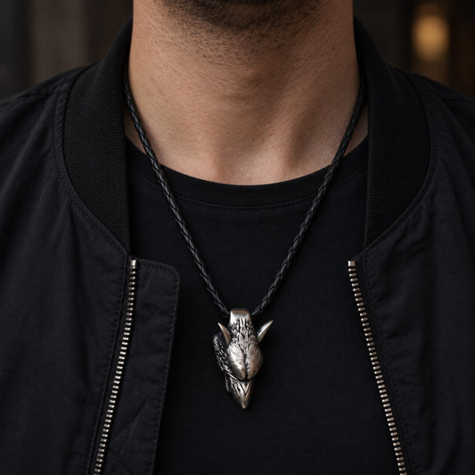 THE MEN THING Leather Necklace WOLF HEAD SILVER - Alloy Pendant with 24inch Leather Cord Chain for Men & Boy
