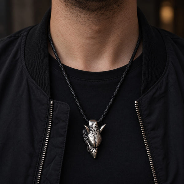 WOLF HEAD SILVER - Alloy Pendant with 24inch Leather Cord Chain for Men & Boy