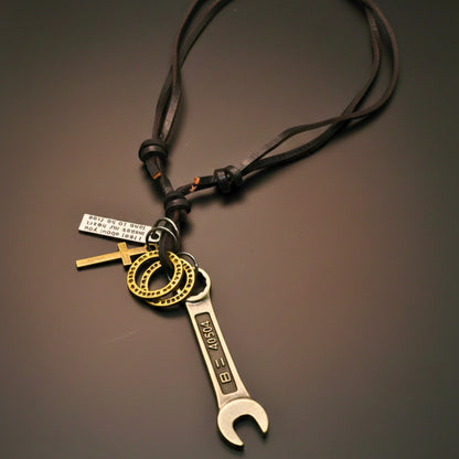 THE MEN THING Leather Necklace WRENCH OF FAITH – 2.5-Inch Pure Stainless Steel Pendant with Adjustable Leather Rope for Men & Boys