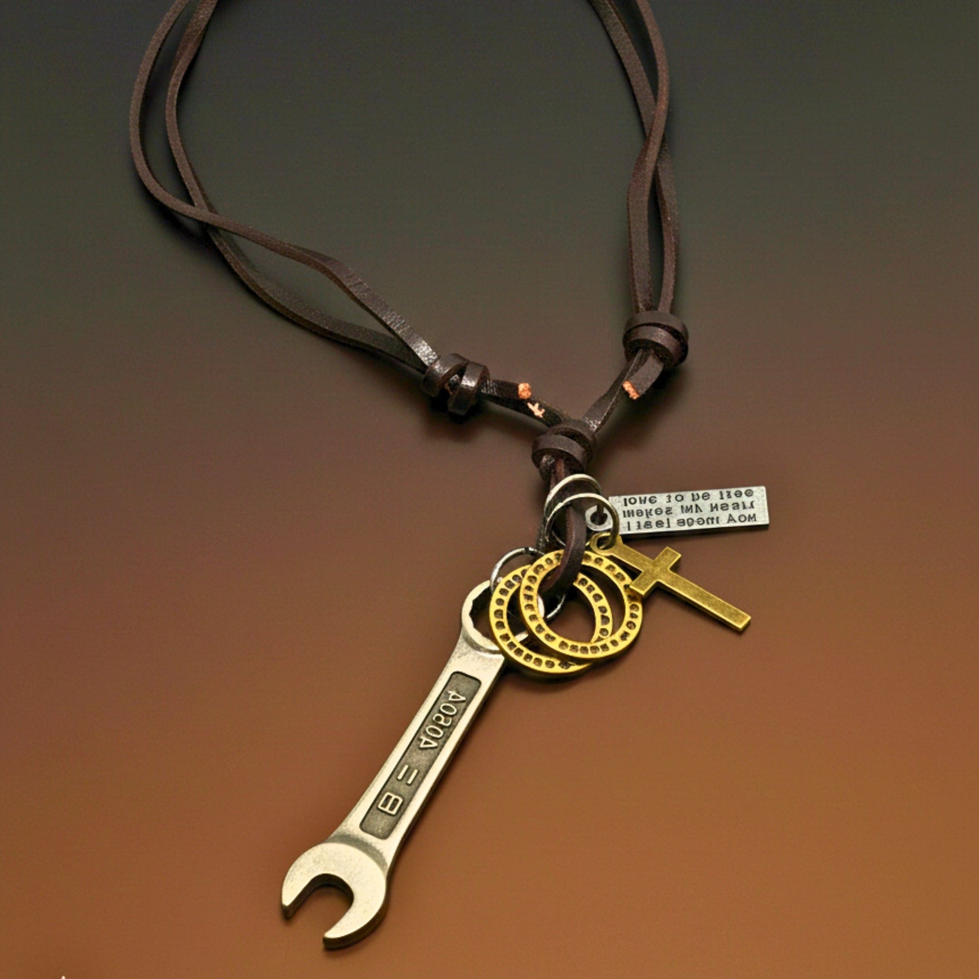 THE MEN THING Leather Necklace WRENCH OF FAITH – 2.5-Inch Pure Stainless Steel Pendant with Adjustable Leather Rope for Men & Boys