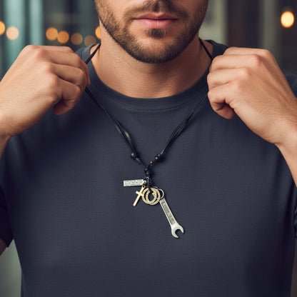 THE MEN THING Leather Necklace WRENCH OF FAITH – 2.5-Inch Pure Stainless Steel Pendant with Adjustable Leather Rope for Men & Boys