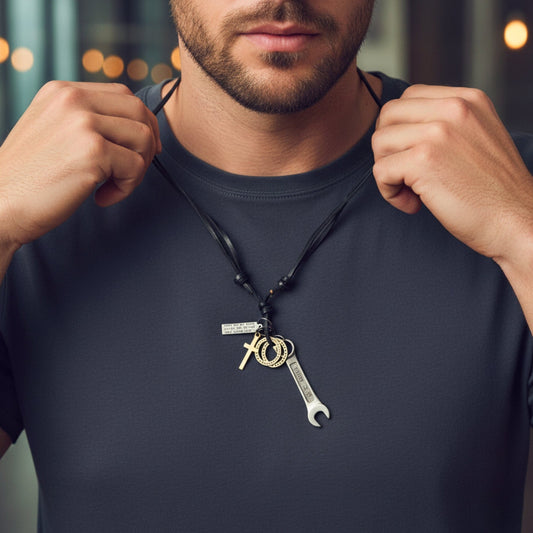 THE MEN THING Leather Necklace WRENCH OF FAITH – 2.5-Inch Pure Stainless Steel Pendant with Adjustable Leather Rope for Men & Boys