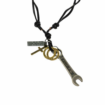 THE MEN THING Leather Necklace WRENCH OF FAITH – 2.5-Inch Pure Stainless Steel Pendant with Adjustable Leather Rope for Men & Boys