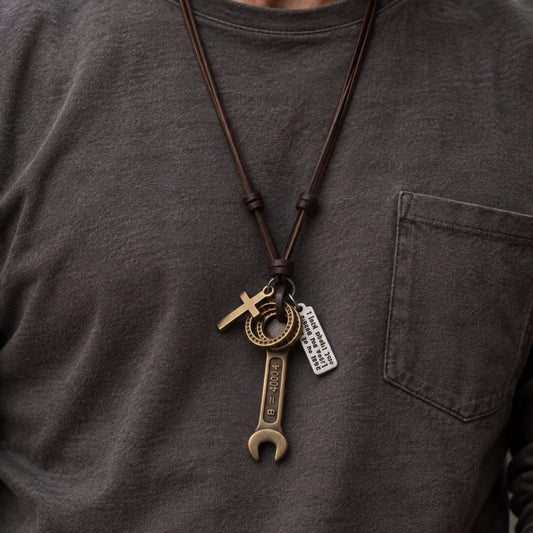 THE MEN THING Leather Necklace WRENCH OF FAITH – 2.5-Inch Pure Stainless Steel Pendant with Adjustable Leather Rope for Men & Boys