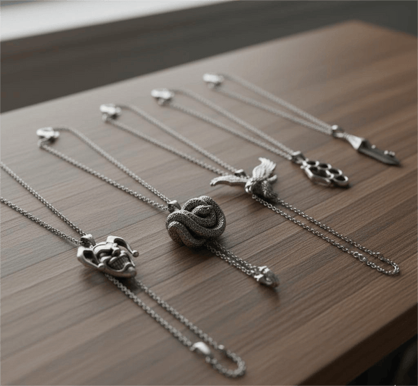 CONTRAST COLLECTIVE 5-Piece Symbolic Pendant Set – COILED SERPENT, EAGLE-SHARP, STRONG GRIP, CLAW LEAF, & CIRCUS Necklaces on 24 Inch Stainless Steel Chain for Mens and Boys