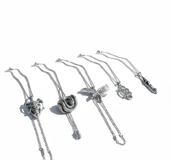 CONTRAST COLLECTIVE 5-Piece Symbolic Pendant Set – COILED SERPENT, EAGLE-SHARP, STRONG GRIP, CLAW LEAF, & CIRCUS Necklaces on 24 Inch Stainless Steel Chain for Mens and Boys