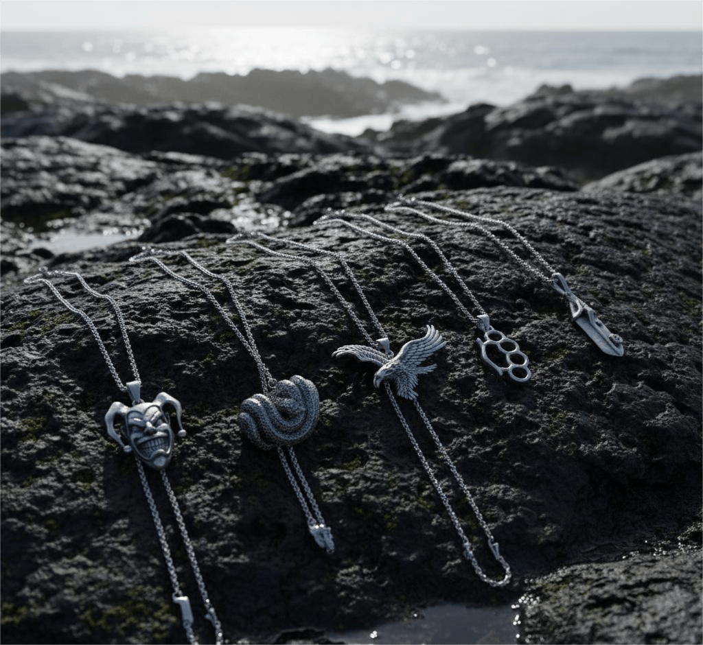 THE MEN THING Necklace CONTRAST COLLECTIVE 5-Piece Symbolic Pendant Set – COILED SERPENT, EAGLE-SHARP, STRONG GRIP, CLAW LEAF, & CIRCUS Necklaces on 24 Inch Stainless Steel Chain for Mens and Boys