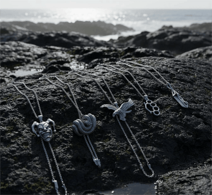 THE MEN THING Necklace CONTRAST COLLECTIVE 5-Piece Symbolic Pendant Set – COILED SERPENT, EAGLE-SHARP, STRONG GRIP, CLAW LEAF, & CIRCUS Necklaces on 24 Inch Stainless Steel Chain for Mens and Boys