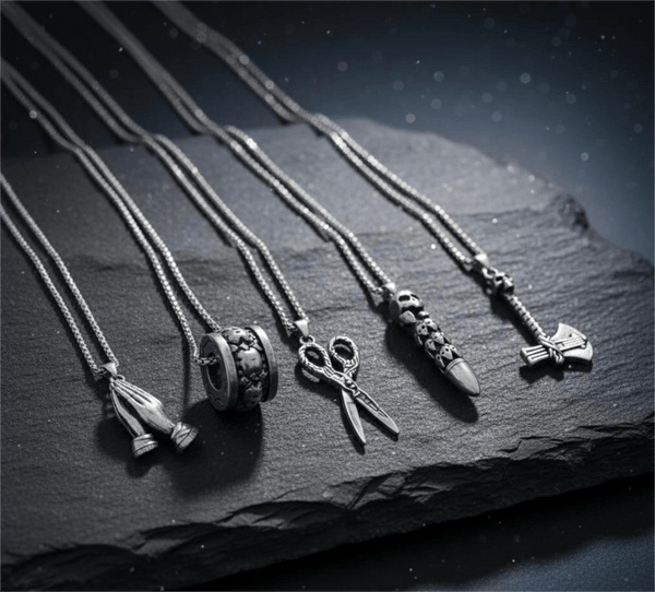 CURSED CHRONICLES High Contrast 5-Piece Men’s Pendant Set – BULLET OF DOOM, SCISSORS FLAME, CURVED AXE, MANTRA ROUND, & APPLAUD Necklaces on 24 Inch Stainless Steel Chain for Mens and Boys