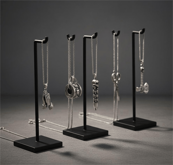 CURSED CHRONICLES High Contrast 5-Piece Men’s Pendant Set – BULLET OF DOOM, SCISSORS FLAME, CURVED AXE, MANTRA ROUND, & APPLAUD Necklaces on 24 Inch Stainless Steel Chain for Mens and Boys