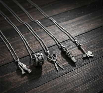 THE MEN THING Necklace CURSED CHRONICLES High Contrast 5-Piece Men’s Pendant Set – BULLET OF DOOM, SCISSORS FLAME, CURVED AXE, MANTRA ROUND, & APPLAUD Necklaces on 24 Inch Stainless Steel Chain for Mens and Boys