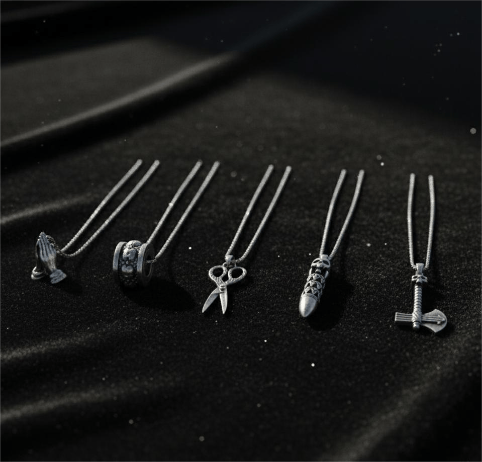 THE MEN THING Necklace CURSED CHRONICLES High Contrast 5-Piece Men’s Pendant Set – BULLET OF DOOM, SCISSORS FLAME, CURVED AXE, MANTRA ROUND, & APPLAUD Necklaces on 24 Inch Stainless Steel Chain for Mens and Boys