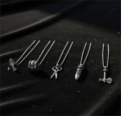 THE MEN THING Necklace CURSED CHRONICLES High Contrast 5-Piece Men’s Pendant Set – BULLET OF DOOM, SCISSORS FLAME, CURVED AXE, MANTRA ROUND, & APPLAUD Necklaces on 24 Inch Stainless Steel Chain for Mens and Boys