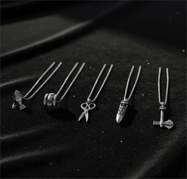 CURSED CHRONICLES High Contrast 5-Piece Men’s Pendant Set – BULLET OF DOOM, SCISSORS FLAME, CURVED AXE, MANTRA ROUND, & APPLAUD Necklaces on 24 Inch Stainless Steel Chain for Mens and Boys