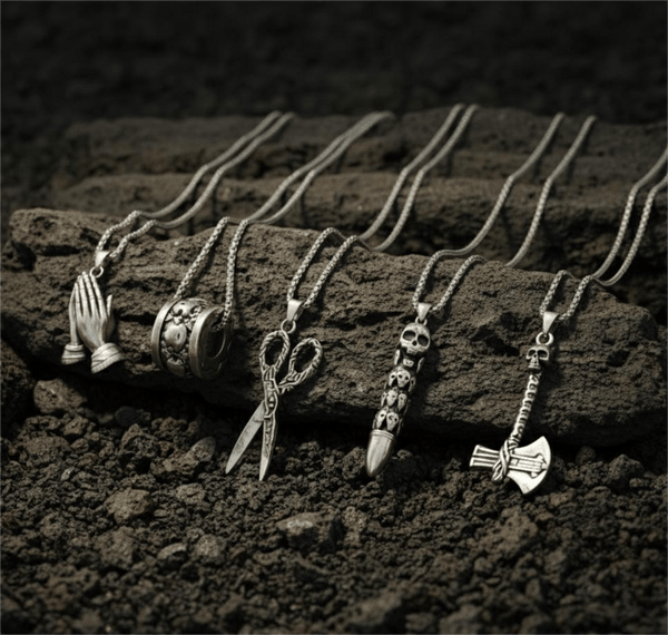 CURSED CHRONICLES High Contrast 5-Piece Men’s Pendant Set – BULLET OF DOOM, SCISSORS FLAME, CURVED AXE, MANTRA ROUND, & APPLAUD Necklaces on 24 Inch Stainless Steel Chain for Mens and Boys