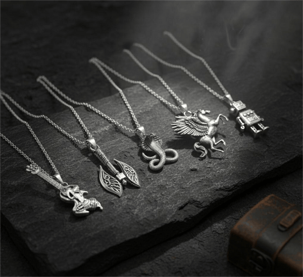 CYBER-MYTHOS High Contrast 5-Piece Men’s Pendant Set – PEGASUS, ROBOT, REALM AXE, THE COBRA, & ROCKER Necklaces on 24 Inch Stainless Steel Chain for Mens and Boys