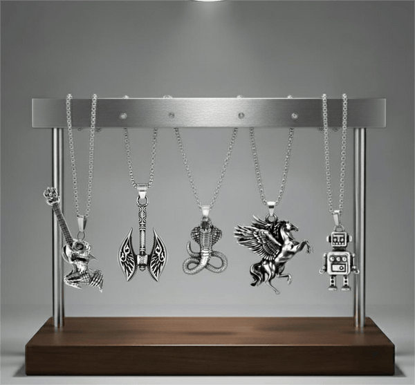 CYBER-MYTHOS High Contrast 5-Piece Men’s Pendant Set – PEGASUS, ROBOT, REALM AXE, THE COBRA, & ROCKER Necklaces on 24 Inch Stainless Steel Chain for Mens and Boys