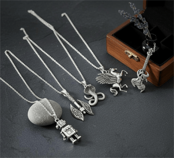CYBER-MYTHOS High Contrast 5-Piece Men’s Pendant Set – PEGASUS, ROBOT, REALM AXE, THE COBRA, & ROCKER Necklaces on 24 Inch Stainless Steel Chain for Mens and Boys