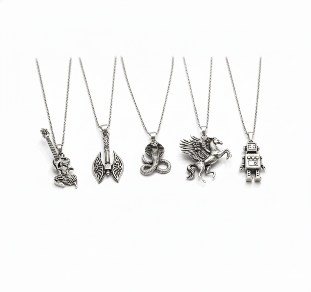 THE MEN THING Necklace CYBER-MYTHOS High Contrast 5-Piece Men’s Pendant Set – PEGASUS, ROBOT, REALM AXE, THE COBRA, & ROCKER Necklaces on 24 Inch Stainless Steel Chain for Mens and Boys