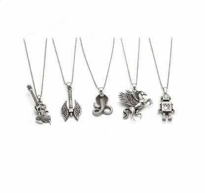 THE MEN THING Necklace CYBER-MYTHOS High Contrast 5-Piece Men’s Pendant Set – PEGASUS, ROBOT, REALM AXE, THE COBRA, & ROCKER Necklaces on 24 Inch Stainless Steel Chain for Mens and Boys