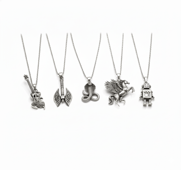 CYBER-MYTHOS High Contrast 5-Piece Men’s Pendant Set – PEGASUS, ROBOT, REALM AXE, THE COBRA, & ROCKER Necklaces on 24 Inch Stainless Steel Chain for Mens and Boys
