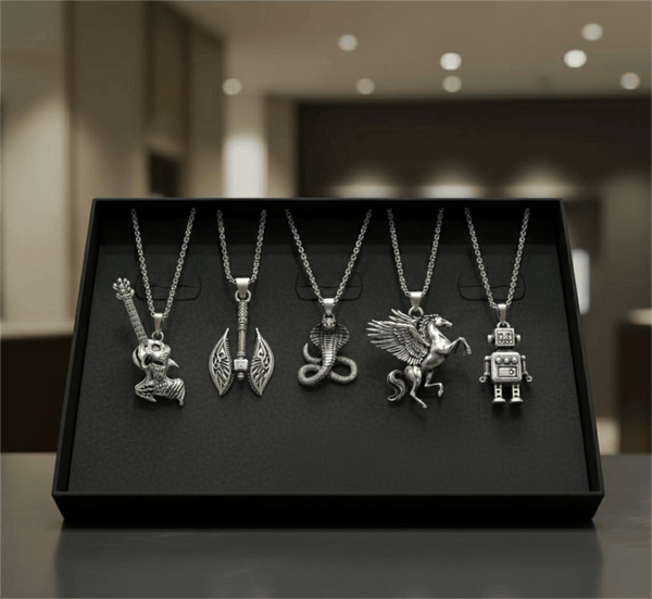 CYBER-MYTHOS High Contrast 5-Piece Men’s Pendant Set – PEGASUS, ROBOT, REALM AXE, THE COBRA, & ROCKER Necklaces on 24 Inch Stainless Steel Chain for Mens and Boys
