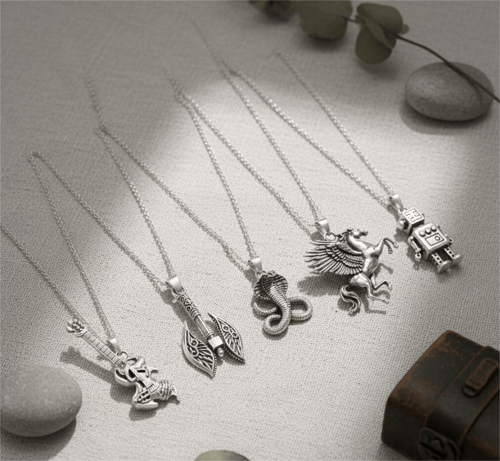 THE MEN THING Necklace CYBER-MYTHOS High Contrast 5-Piece Men’s Pendant Set – PEGASUS, ROBOT, REALM AXE, THE COBRA, & ROCKER Necklaces on 24 Inch Stainless Steel Chain for Mens and Boys