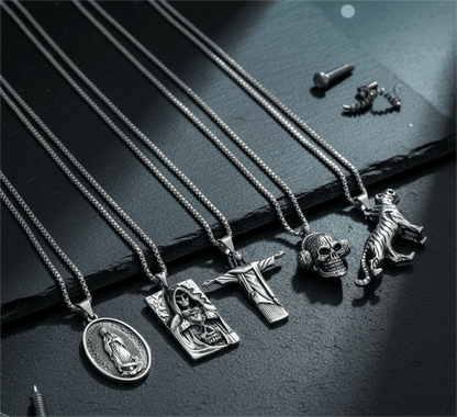 THE MEN THING Necklace Dark Icons 5-Piece Pendant Pack – Skullbeat, Hidden Devil, Reedemer, Jesus Card, & Tiger King Necklaces with 24 Inch Stainless Steel Chain for Mens and Boys