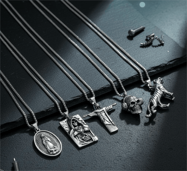 Dark Icons 5-Piece Pendant Pack – Skullbeat, Hidden Devil, Reedemer, Jesus Card, & Tiger King Necklaces with 24 Inch Stainless Steel Chain for Mens and Boys