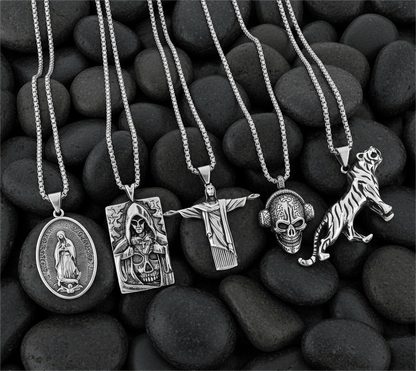 THE MEN THING Necklace Dark Icons 5-Piece Pendant Pack – Skullbeat, Hidden Devil, Reedemer, Jesus Card, & Tiger King Necklaces with 24 Inch Stainless Steel Chain for Mens and Boys