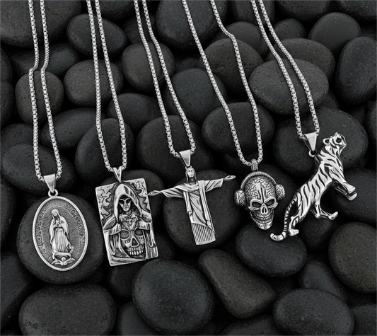 THE MEN THING Necklace Dark Icons 5-Piece Pendant Pack – Skullbeat, Hidden Devil, Reedemer, Jesus Card, & Tiger King Necklaces with 24 Inch Stainless Steel Chain for Mens and Boys