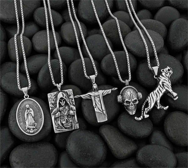 Dark Icons 5-Piece Pendant Pack – Skullbeat, Hidden Devil, Reedemer, Jesus Card, & Tiger King Necklaces with 24 Inch Stainless Steel Chain for Mens and Boys