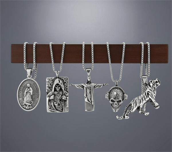 Dark Icons 5-Piece Pendant Pack – Skullbeat, Hidden Devil, Reedemer, Jesus Card, & Tiger King Necklaces with 24 Inch Stainless Steel Chain for Mens and Boys