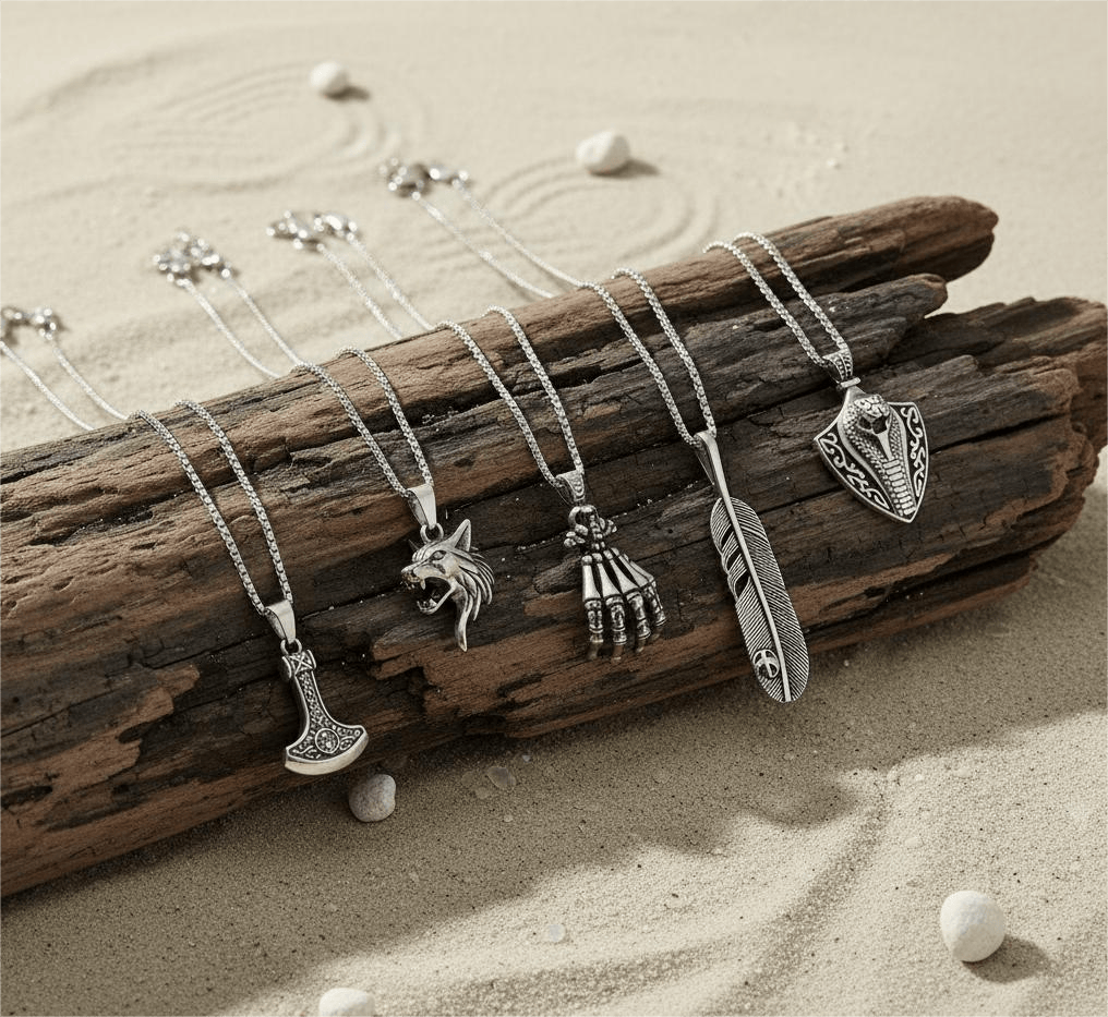 THE MEN THING Necklace EDGE OF THE WILD 5-in-1 Men's Statement Pendant Set – VIKING BATTLE AXE, WATCHING WOLF, COBRA THE KING, LUSH, & SKELEHAND Necklaces on 24 Inch Stainless Steel Chain for Mens and Boys