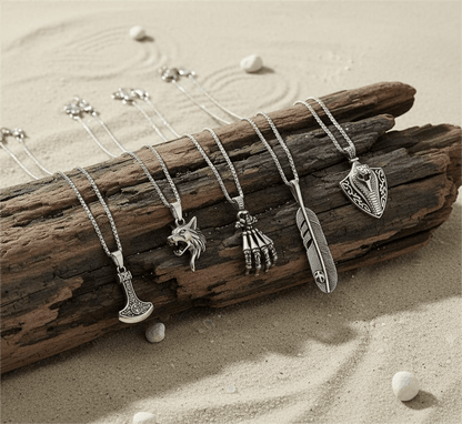THE MEN THING Necklace EDGE OF THE WILD 5-in-1 Men's Statement Pendant Set – VIKING BATTLE AXE, WATCHING WOLF, COBRA THE KING, LUSH, & SKELEHAND Necklaces on 24 Inch Stainless Steel Chain for Mens and Boys