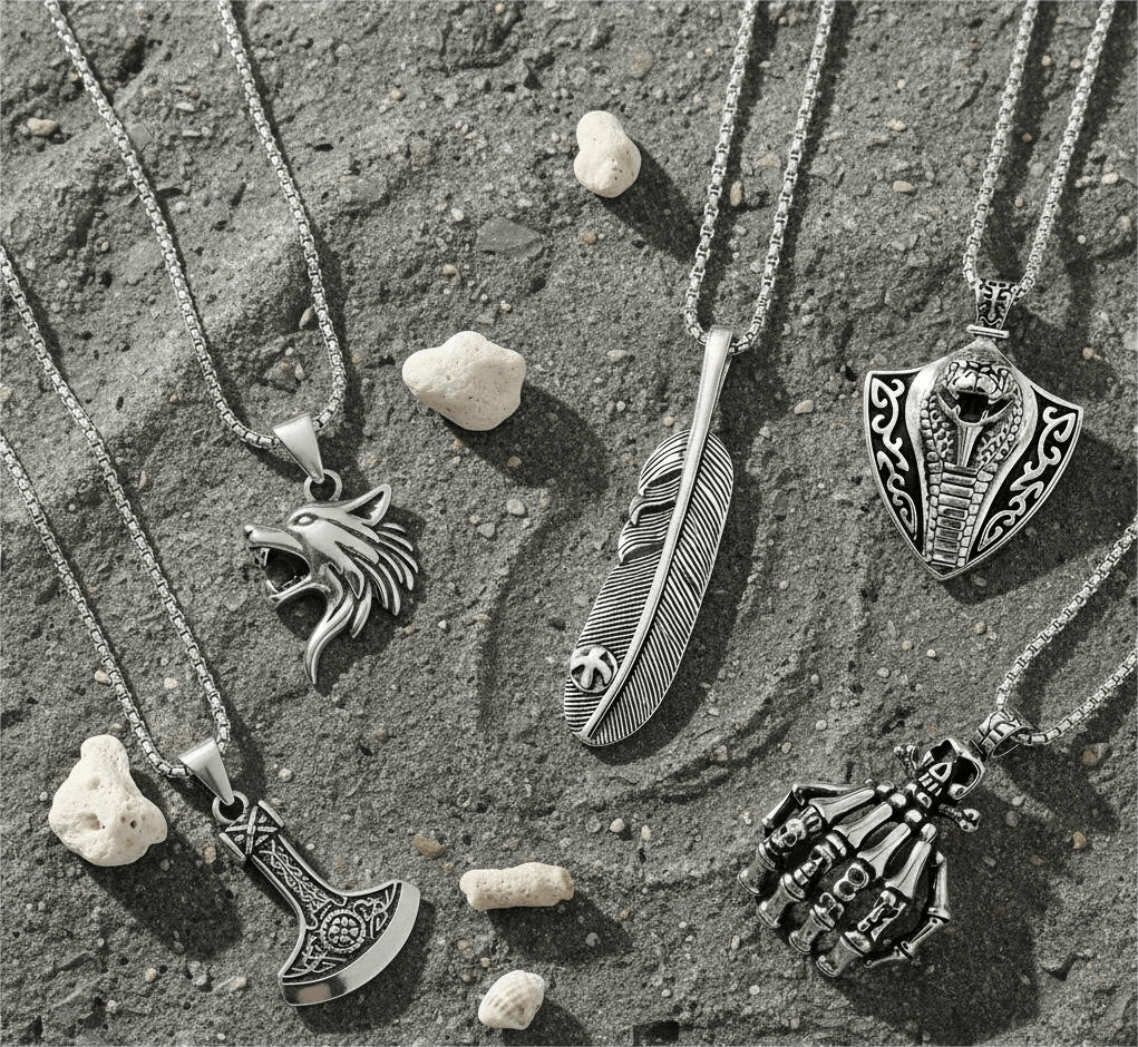 THE MEN THING Necklace EDGE OF THE WILD 5-in-1 Men's Statement Pendant Set – VIKING BATTLE AXE, WATCHING WOLF, COBRA THE KING, LUSH, & SKELEHAND Necklaces on 24 Inch Stainless Steel Chain for Mens and Boys