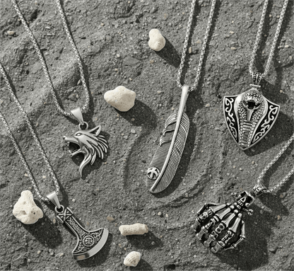 THE MEN THING Necklace EDGE OF THE WILD 5-in-1 Men's Statement Pendant Set – VIKING BATTLE AXE, WATCHING WOLF, COBRA THE KING, LUSH, & SKELEHAND Necklaces on 24 Inch Stainless Steel Chain for Mens and Boys