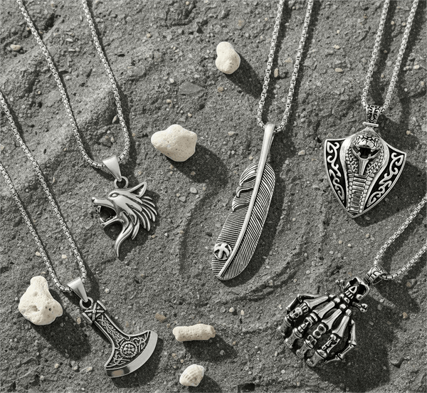 EDGE OF THE WILD 5-in-1 Men's Statement Pendant Set – VIKING BATTLE AXE, WATCHING WOLF, COBRA THE KING, LUSH, & SKELEHAND Necklaces on 24 Inch Stainless Steel Chain for Mens and Boys