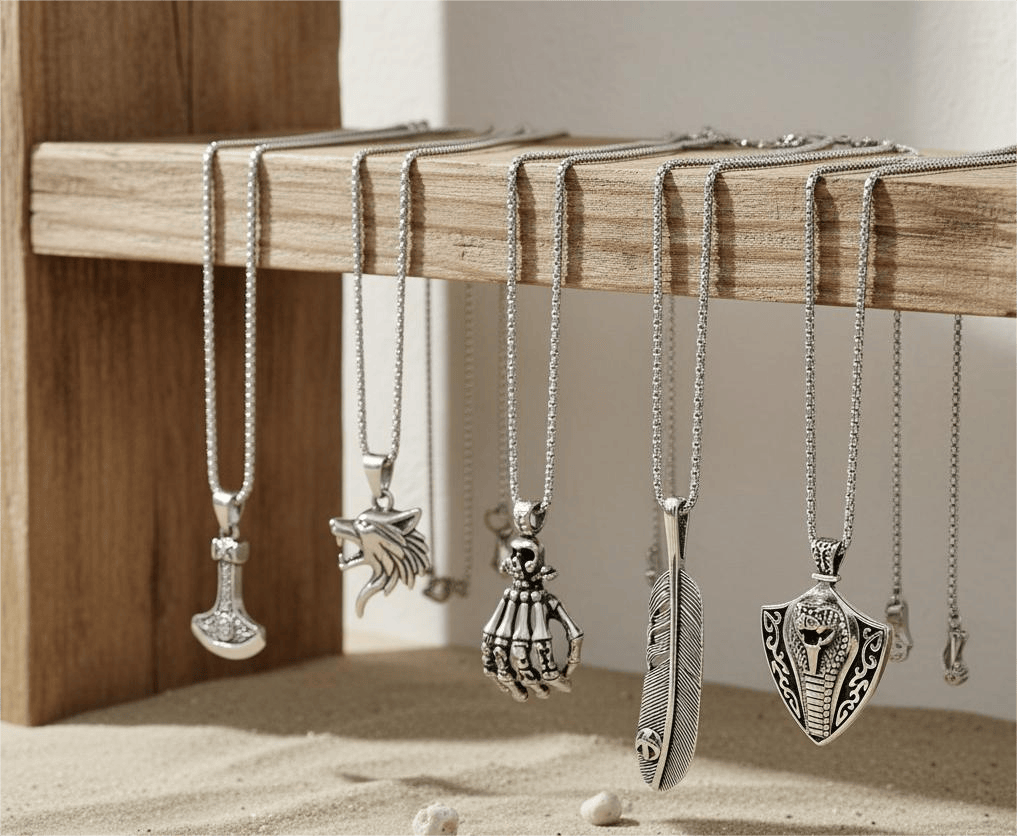 THE MEN THING Necklace EDGE OF THE WILD 5-in-1 Men's Statement Pendant Set – VIKING BATTLE AXE, WATCHING WOLF, COBRA THE KING, LUSH, & SKELEHAND Necklaces on 24 Inch Stainless Steel Chain for Mens and Boys