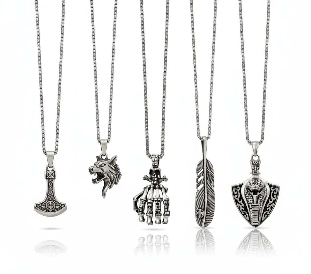 THE MEN THING Necklace EDGE OF THE WILD 5-in-1 Men's Statement Pendant Set – VIKING BATTLE AXE, WATCHING WOLF, COBRA THE KING, LUSH, & SKELEHAND Necklaces on 24 Inch Stainless Steel Chain for Mens and Boys