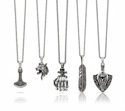 THE MEN THING Necklace EDGE OF THE WILD 5-in-1 Men's Statement Pendant Set – VIKING BATTLE AXE, WATCHING WOLF, COBRA THE KING, LUSH, & SKELEHAND Necklaces on 24 Inch Stainless Steel Chain for Mens and Boys