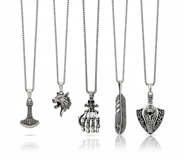 EDGE OF THE WILD 5-in-1 Men's Statement Pendant Set – VIKING BATTLE AXE, WATCHING WOLF, COBRA THE KING, LUSH, & SKELEHAND Necklaces on 24 Inch Stainless Steel Chain for Mens and Boys