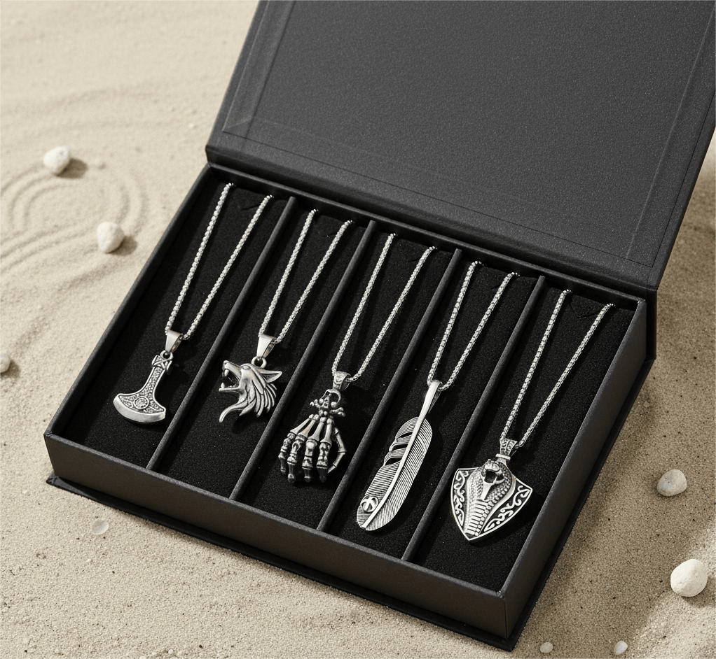 THE MEN THING Necklace EDGE OF THE WILD 5-in-1 Men's Statement Pendant Set – VIKING BATTLE AXE, WATCHING WOLF, COBRA THE KING, LUSH, & SKELEHAND Necklaces on 24 Inch Stainless Steel Chain for Mens and Boys