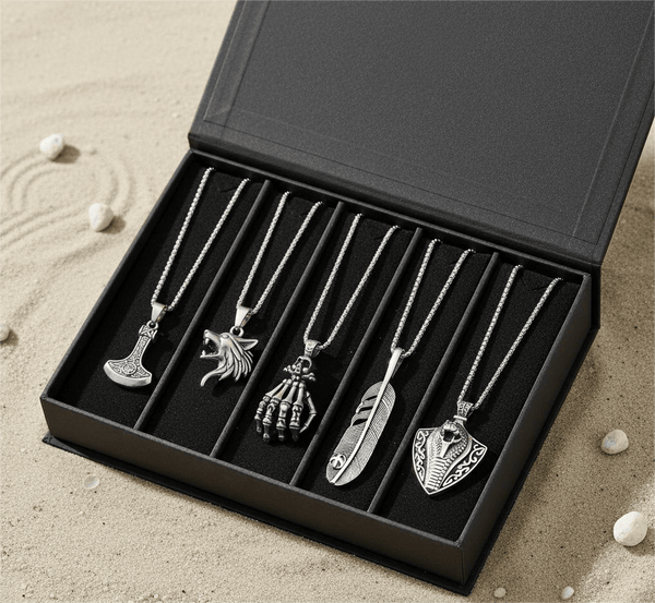 EDGE OF THE WILD 5-in-1 Men's Statement Pendant Set – VIKING BATTLE AXE, WATCHING WOLF, COBRA THE KING, LUSH, & SKELEHAND Necklaces on 24 Inch Stainless Steel Chain for Mens and Boys