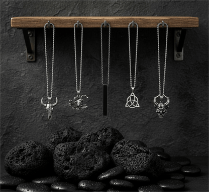 THE MEN THING Necklace FATE WEAVER Collector's 5-Piece Pendant Set – TRINITY KNOT, DEMON TALISMAN, SHEEP HORN, FURIOUS FISH, & SLEEK BLACK Necklaces on 24 Inch Stainless Steel Chain for Mens and Boys