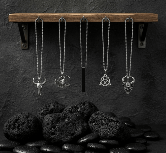 THE MEN THING Necklace FATE WEAVER Collector's 5-Piece Pendant Set – TRINITY KNOT, DEMON TALISMAN, SHEEP HORN, FURIOUS FISH, & SLEEK BLACK Necklaces on 24 Inch Stainless Steel Chain for Mens and Boys