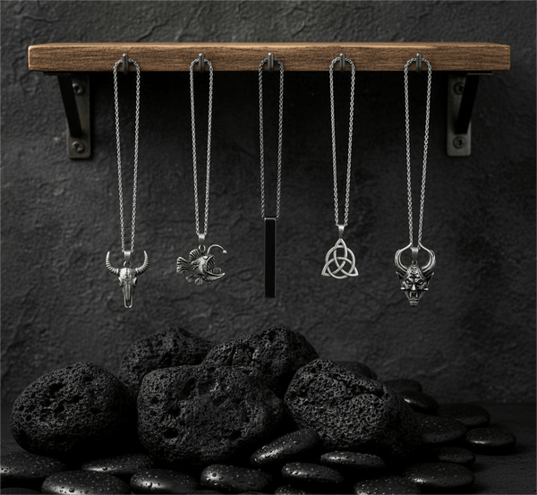 FATE WEAVER Collector's 5-Piece Pendant Set – TRINITY KNOT, DEMON TALISMAN, SHEEP HORN, FURIOUS FISH, & SLEEK BLACK Necklaces on 24 Inch Stainless Steel Chain for Mens and Boys