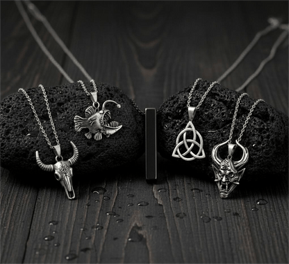 THE MEN THING Necklace FATE WEAVER Collector's 5-Piece Pendant Set – TRINITY KNOT, DEMON TALISMAN, SHEEP HORN, FURIOUS FISH, & SLEEK BLACK Necklaces on 24 Inch Stainless Steel Chain for Mens and Boys